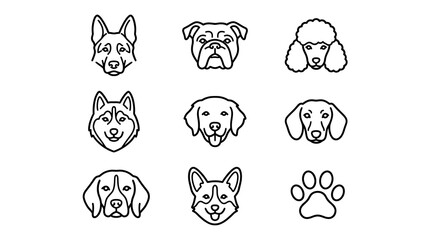 Obraz premium Set of cute dog breeds head icons and paw print line art vector