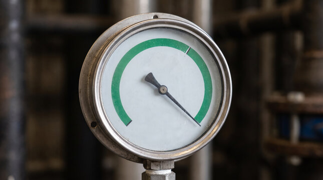 Portable fire extinguisher pressure gauge needle green zone close-up