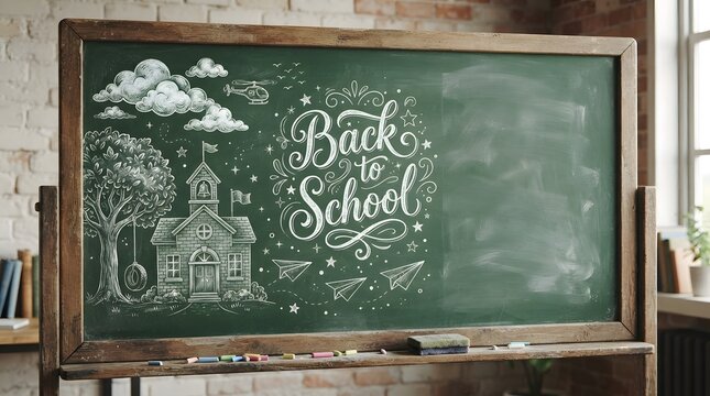 Vintage green chalkboard with artistic chalk drawings of a schoolhouse, clouds, and paper planes, featuring back to school text