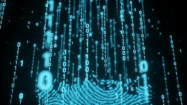 Digital blue fingerprint scan on black background.