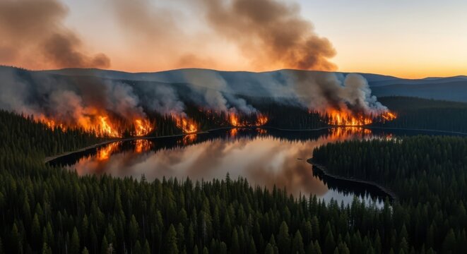 Vast wildfire engulfs distant forested mountainside with dramatic smoke plumes reflected in tranquil lake at sunset.