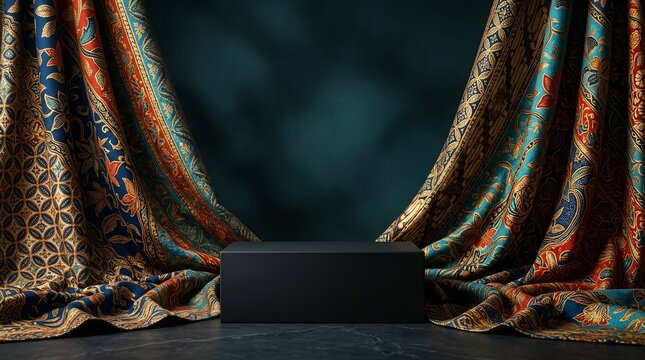 Product display stage with decorative fabric and pedestal for presentation