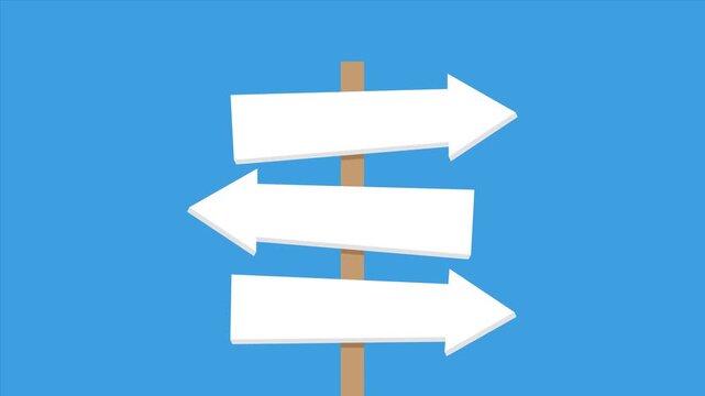 Three blank directional arrow signs on a wooden signpost rise from below, pause against a blue background, then descend out of view.