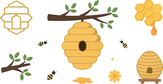 Cute honeybee beehive vector illustration set featuring honeycombs flying bees tree branches and sweet honey drips isolated on white background