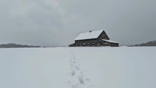 Snowy barn in winter landscape with footprints and overcast sky