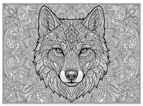 Intricate mandala wolf head coloring page line art on white paper background