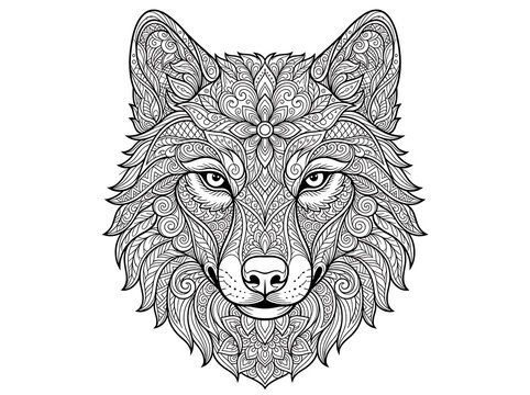 Intricate mandala wolf head coloring page line art on white paper background