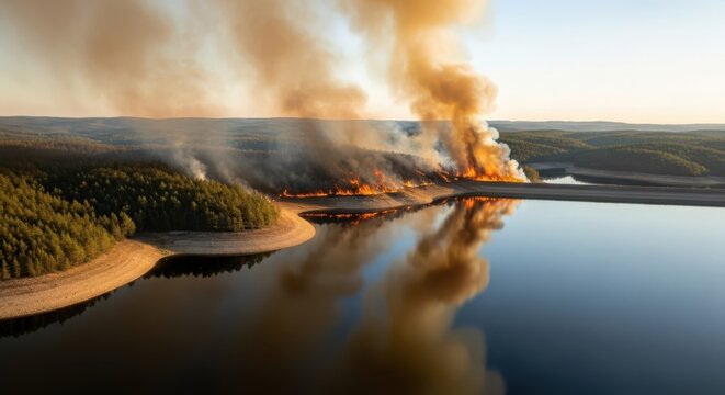 Wildfire raging along a lake's edge with thick smoke plumes rising into the sky