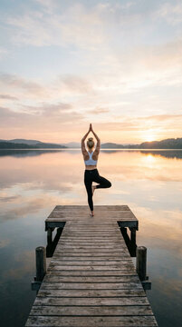 Woman practicing yoga tree pose on wooden pier at serene lake during sunrise with calm water and misty mountains