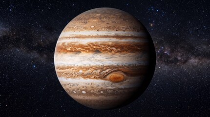 Jupiter gas giant planet in deep space, realistic solar system celestial body, majestic orange and brown planetary sphere against milky way galaxy © Aftab