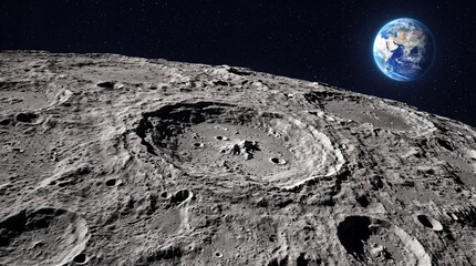 Cinematic moon surface with impact craters, planet Earth rising over lunar horizon, cosmic space landscape with rocky moon terrain © Aftab