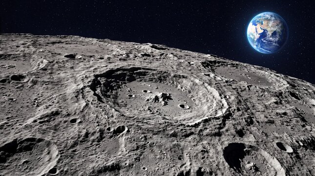 Cinematic moon surface with impact craters, planet Earth rising over lunar horizon, cosmic space landscape with rocky moon terrain