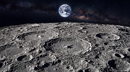 Cinematic lunar landscape with craters. Earth rising over the moon horizon. Deep space galaxy background with stars and planet view. © Aftab