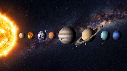 Solar system planets in alignment with sun, milky way galaxy background, cosmic space exploration and astronomy education © Aftab
