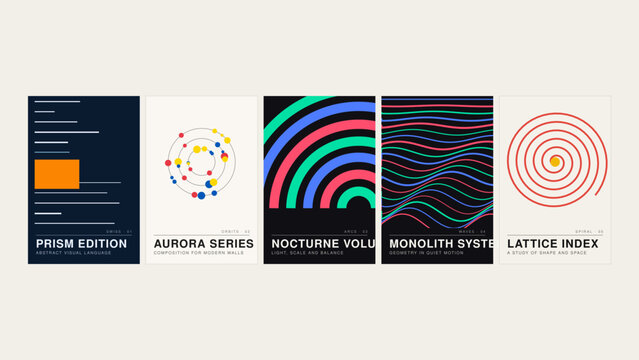 Prism edition, aurora series, nocturne volu, monolith syste, lattice index, abstract geometric poster set with minimalist shapes and patterns
