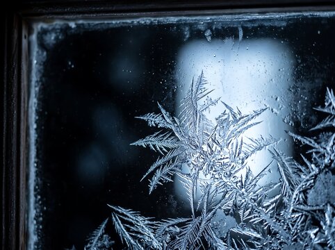 Beautiful ice crystals on a frozen dark window pane