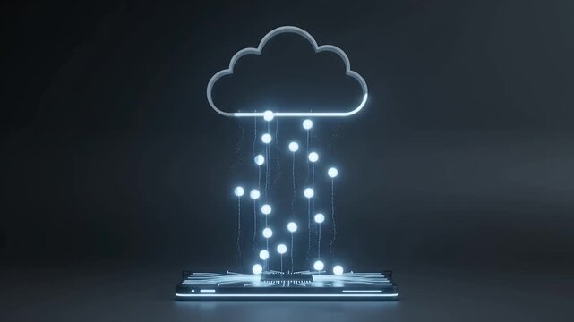 Smartphone syncing glowing data to digital cloud icon.