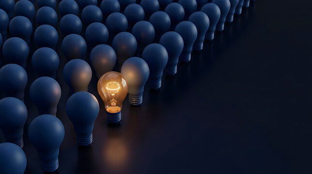 One glowing light bulb standing out among rows of dim blue bulbs, representing innovation, unique ideas, leadership, and creative thinking in business concept.