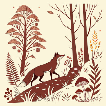 A red fox walking on a path in an autumn forest with tall trees, ferns, and mushrooms in a flat style