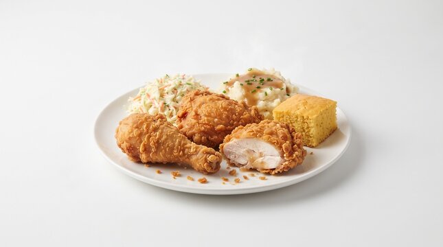 Crispy Southern fried chicken meal with a cut piece revealing juicy white meat, served with mashed potatoes, gravy, coleslaw, and cornbread on a white plate isolated on white background. 