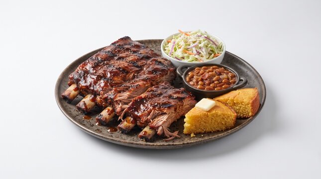 Barbecue grilled ribs platter with sticky glaze, served with baked beans, coleslaw, and cornbread with butter isolated on white background. Classic American BBQ smokehouse dinner studio photography.