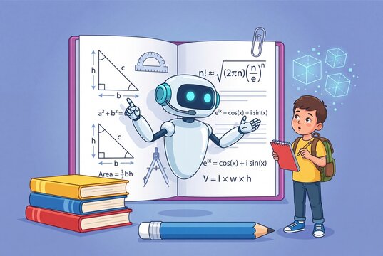 Cute AI Robot Teacher Explaining Geometry and Formulas to Young Student with Notebook Illustration