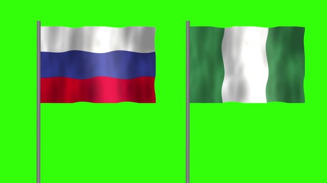 Flag of Nigeria and Russia, Pole flag of Nigeria and Russia on Green screen chroma key, Nigeria and Russia flag waving.
