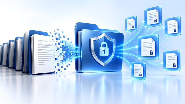Physical document folders disintegrating into digital pixels connecting to secure encrypted network representing safe data migration