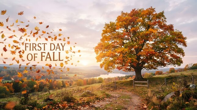 First day of fall landscape with a large colorful autumn tree, falling leaves, and a scenic countryside view at sunset