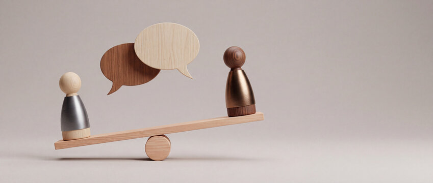 Minimalist concept of wooden figures on a seesaw with speech bubbles, symbolizing communication balance, dialogue, and social interaction in a professional setting.
