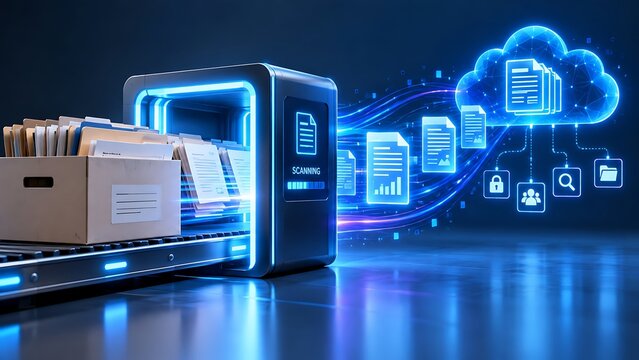 Box of physical folders on conveyor belt entering scanner machine converting to secure digital cloud network representing paperless backup