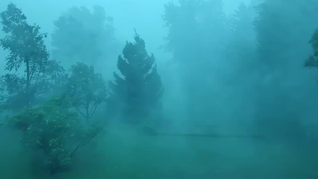 A storm with hurricane-force winds violently battering trees in a forest.
