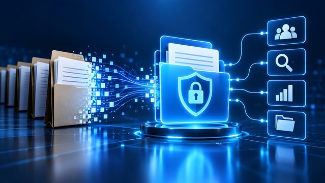 Brown folders transforming into digital pixels flowing into glowing blue security shield file representing encrypted document data protection