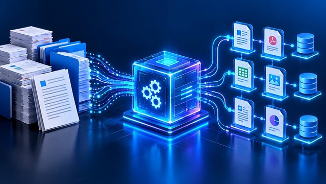 Stacked physical documents flowing into glowing digital processing cube connecting to categorized file icons representing automated network storage