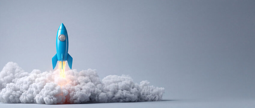 Blue 3D rocket launching with thick white smoke clouds on grey background, symbolizing business startup success, rapid financial growth, and innovation in a minimalist conceptual style.