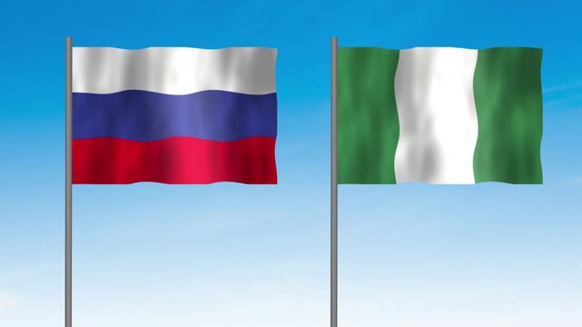 Flag of Nigeria and Russia, Pole flag of Nigeria and Russia on clear sky background. Nigeria and Russia flag waving. 
