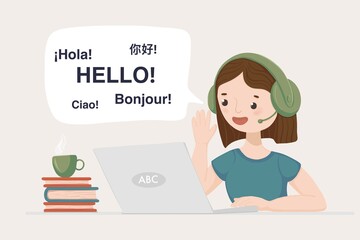 Woman studying languages online with laptop and headset, greeting in English, Spanish, French, Chinese, Italian © Julllia
