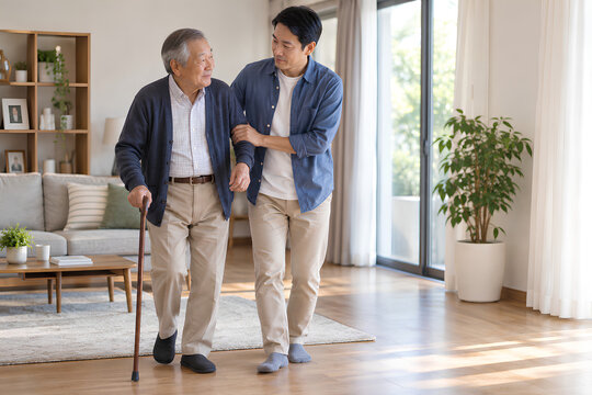 Adult Child Helping Elderly Parent Walk Outdoors