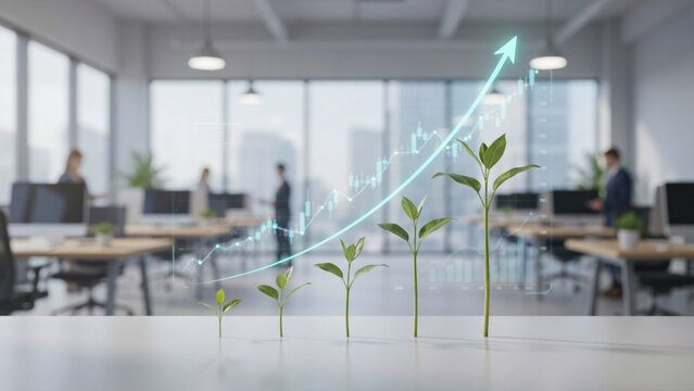 Small green plant seedlings arranged by size on a table with a glowing digital growth chart in a modern office environment with showing upward financial
