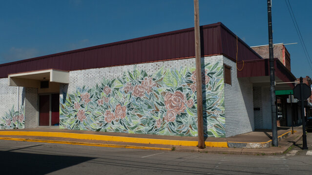 March 30, 2026, Poteau, Oklahoma, downtown district artwork on the side of a brick building, flowers and greenery painted on the side of the structure.