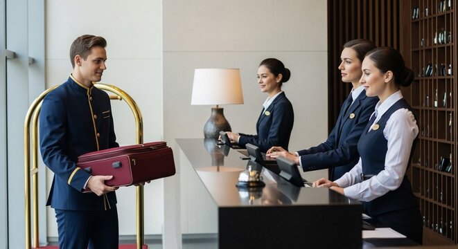 Hotel bellhop coordinating luggage at reception with smiling concierge staff
