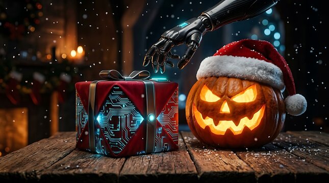 Robotic hand touching a futuristic circuit gift box next to a carved halloween pumpkin wearing a santa claus hat on a wooden table at night
