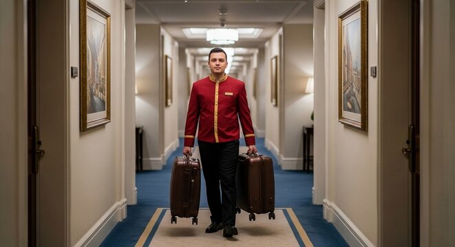 Hotel bellhop in uniform carrying two premium suitcases down a well-lit corridor