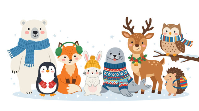 Cartoon animals wearing winter accessories in snowy setting