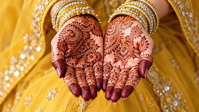 Bride showing her intricate henna mehndi design on hands with traditional yellow lehenga and golden bangles for Indian wedding ceremony