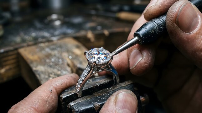 Detailed jewelry crafting using bur tool on diamond ring in workshop.