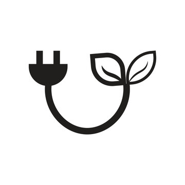 eco power plug icons with green leaves, eco friendly electrical plug symbols combining nature and cable elements, representing sustainable energy and green technology concepts.