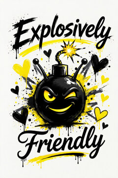 Grunge-style design featuring a bright yellow accent and an image of a funny little creature, a like smiley face. Inscription:  Explosively Friendly.  A streetwear-style graphic print for a T-shirt.