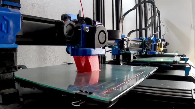 A video showcasing a 3D printer in action creating a red object