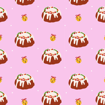 Christmas bundt cakes seamless pattern glazed fruitcakes with cranberries and jingle bells on pink background